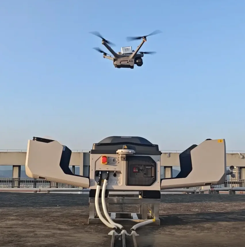 Matrice 4D Series aircraft launching from DJI Dock 3 at an industrial facility