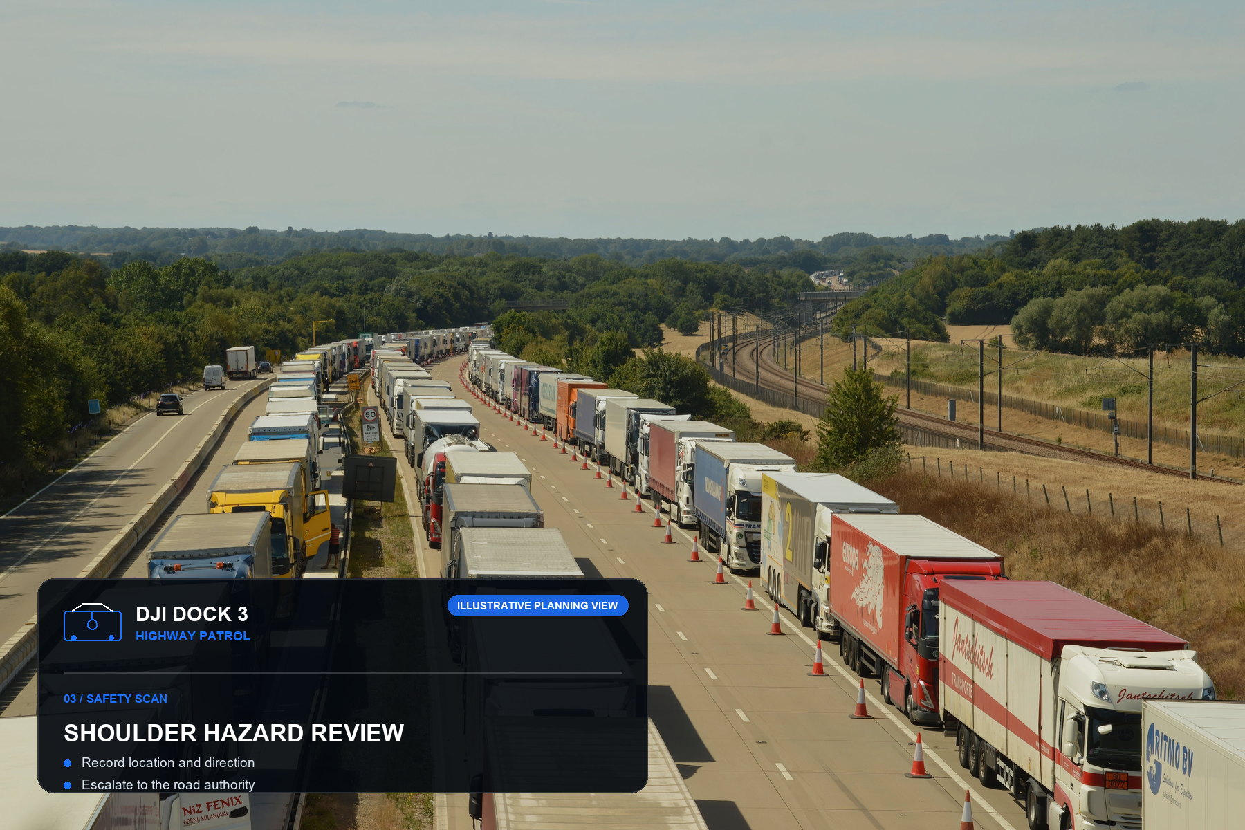 Annotated DJI Dock 3 shoulder hazard review illustration over highway freight traffic